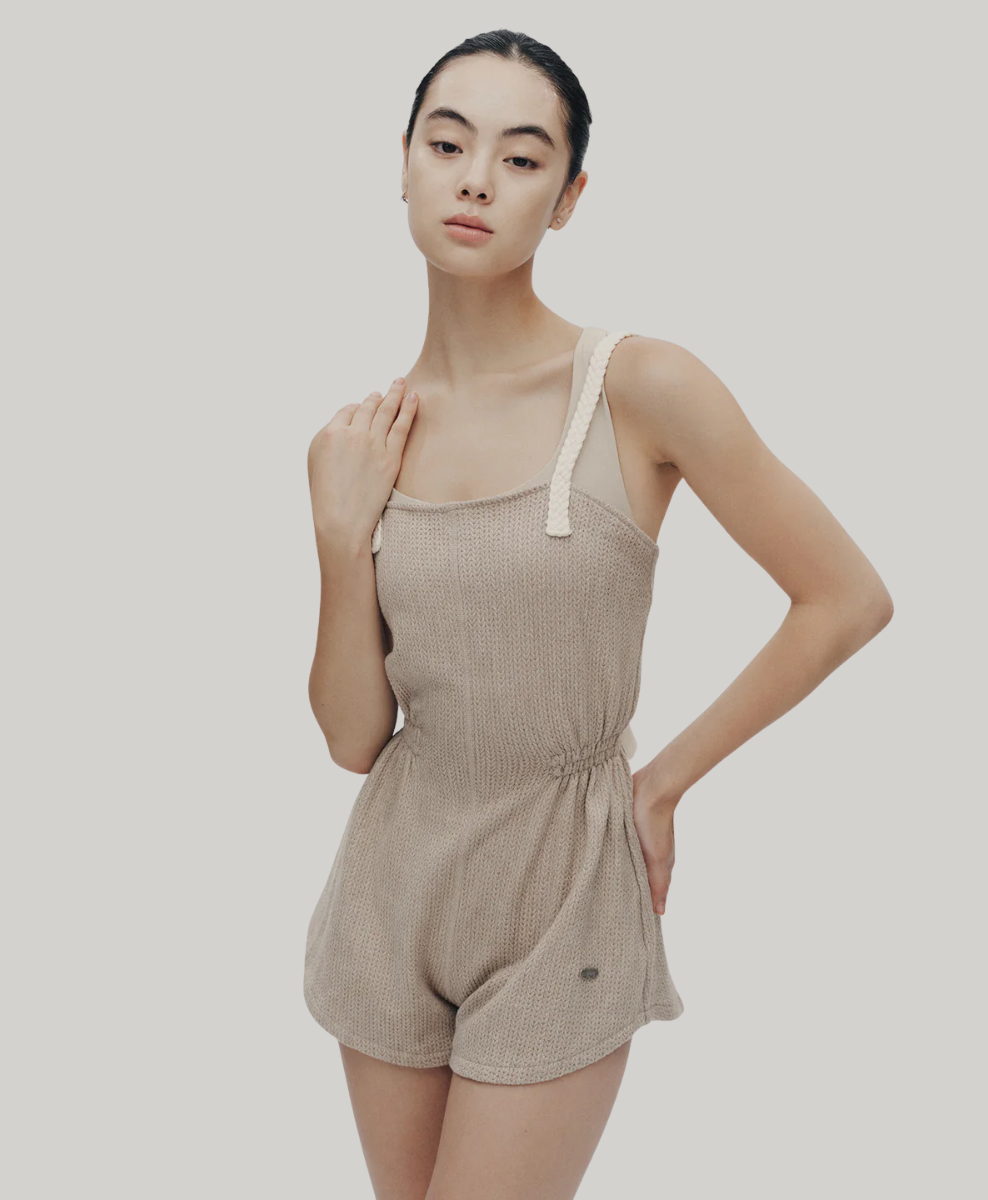 Typha Beige Ribbon-Tie Suspender Playsuit