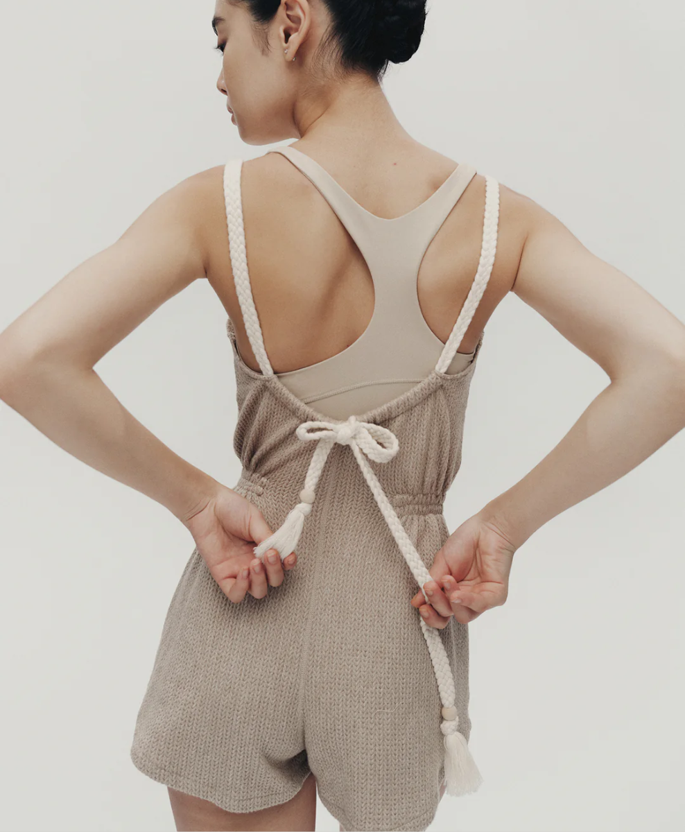 Typha Beige Ribbon-Tie Suspender Playsuit