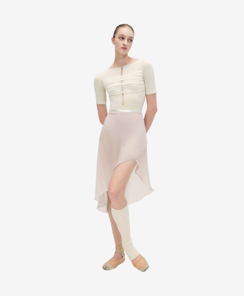 Typha Beige Floral Lace with Sheer Mesh Short Sleeves
